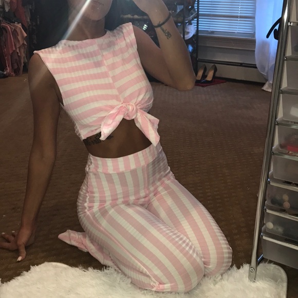 pink and white striped two piece set